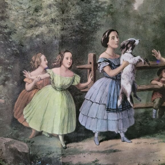 Vintage Framed "Blind Mans Bluff" Currier & Ives Print, Children and Dog Art - Picture 2 of 8